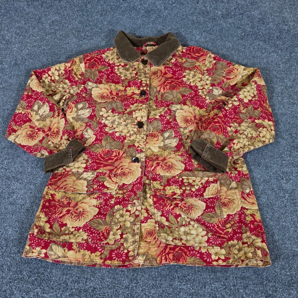 LL Bean Womens L Red Floral Barn Coat Corduroy Trim Cotton Field Jacket Fall